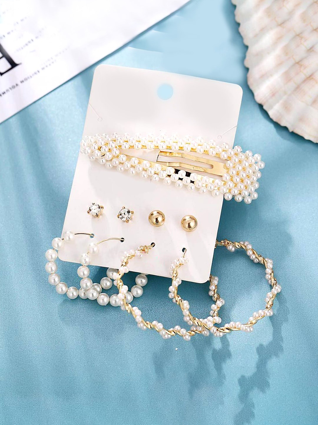 

Yellow Chimes Set Of 4 Gold-Toned & White Earrings With Hair Clip