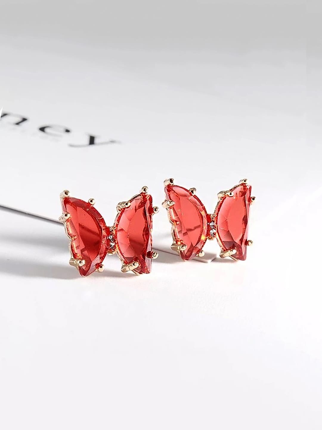 

Yellow Chimes Gold-Plated Red Crystal Butterfly Studs Earrings
