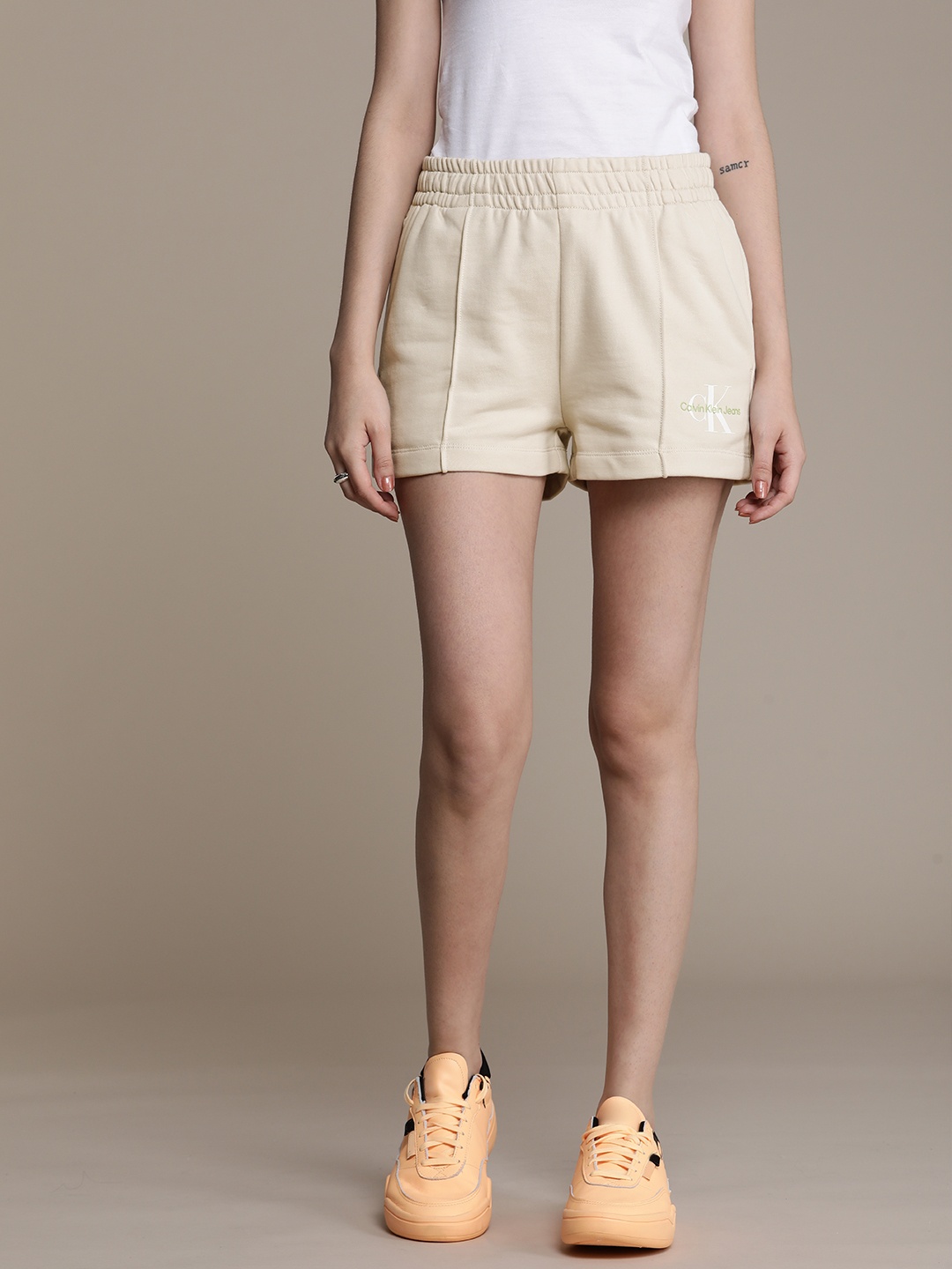 

Calvin Klein Jeans Women Beige Typography Printed Loose Fit Pure Cotton Shorts