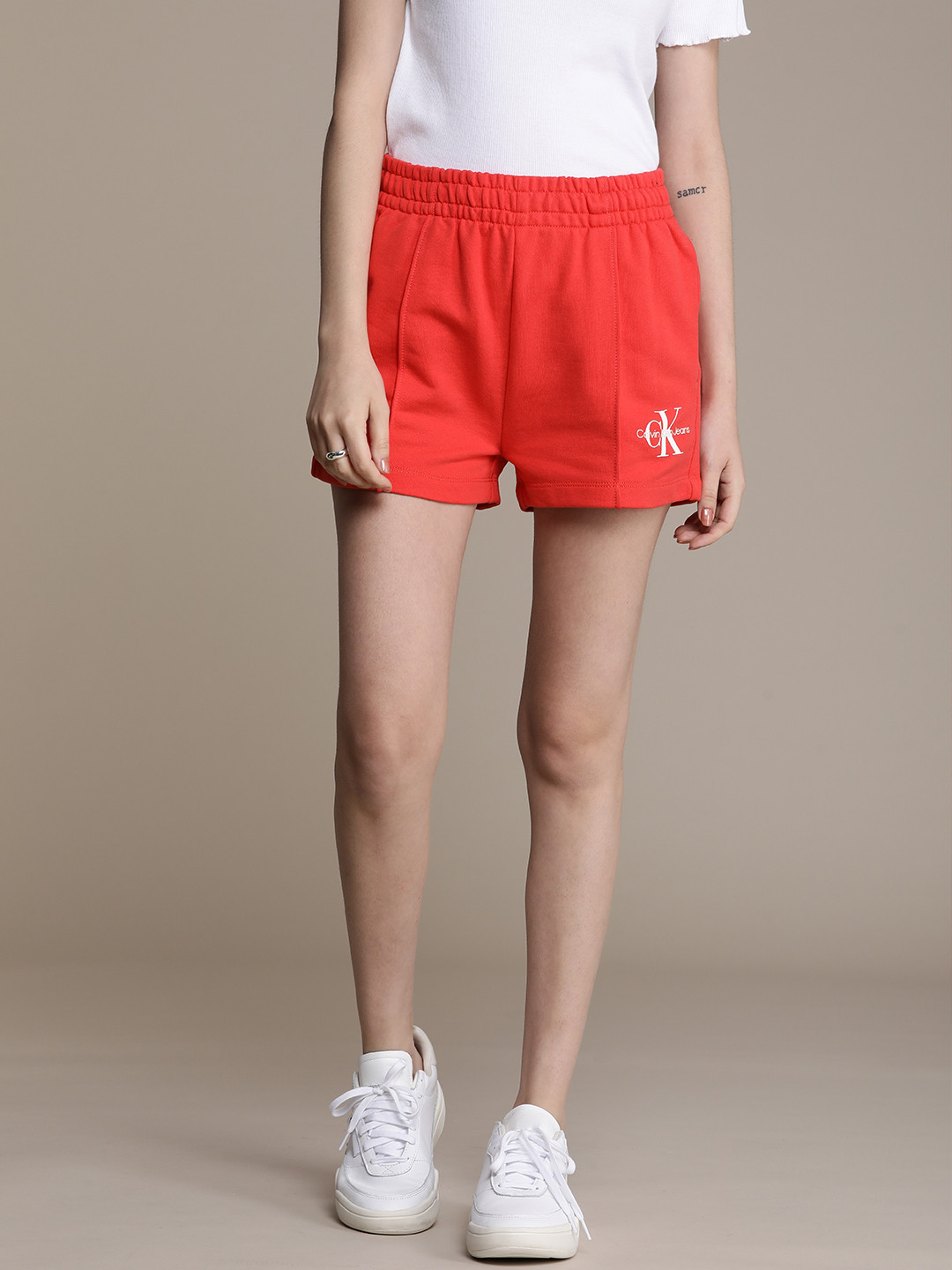 

Calvin Klein Jeans Women Red Typography Printed Loose Fit Cotton Shorts