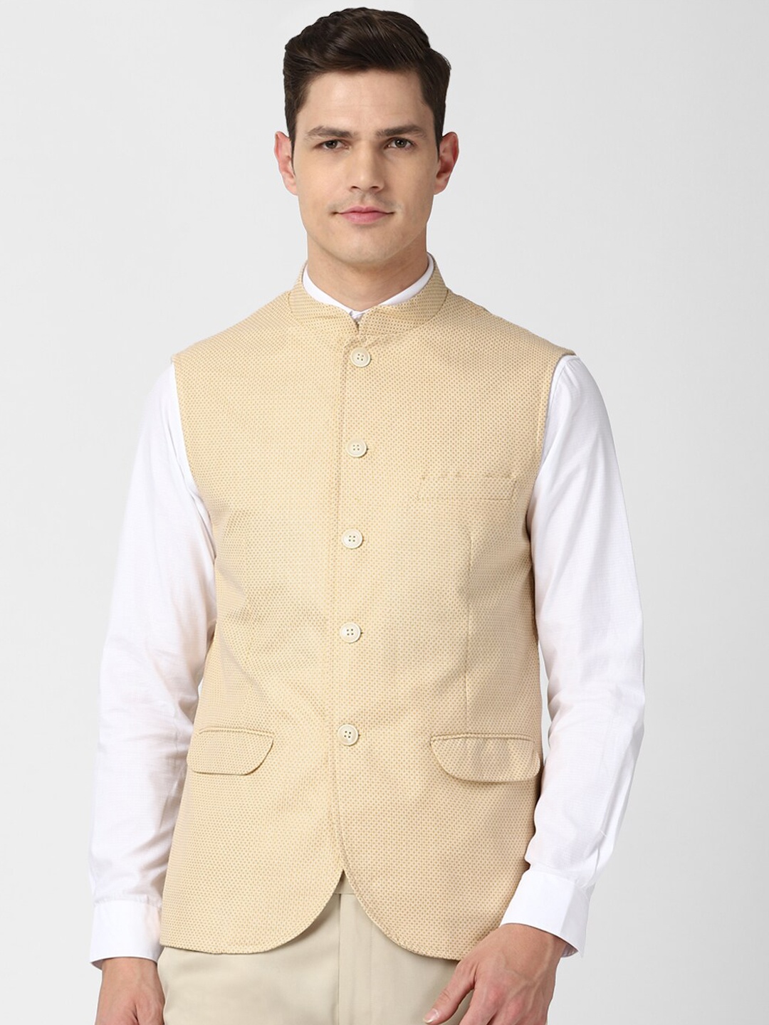 

Peter England Elite Men Khaki Printed Regular-Fit Polyester Nehru Jackets