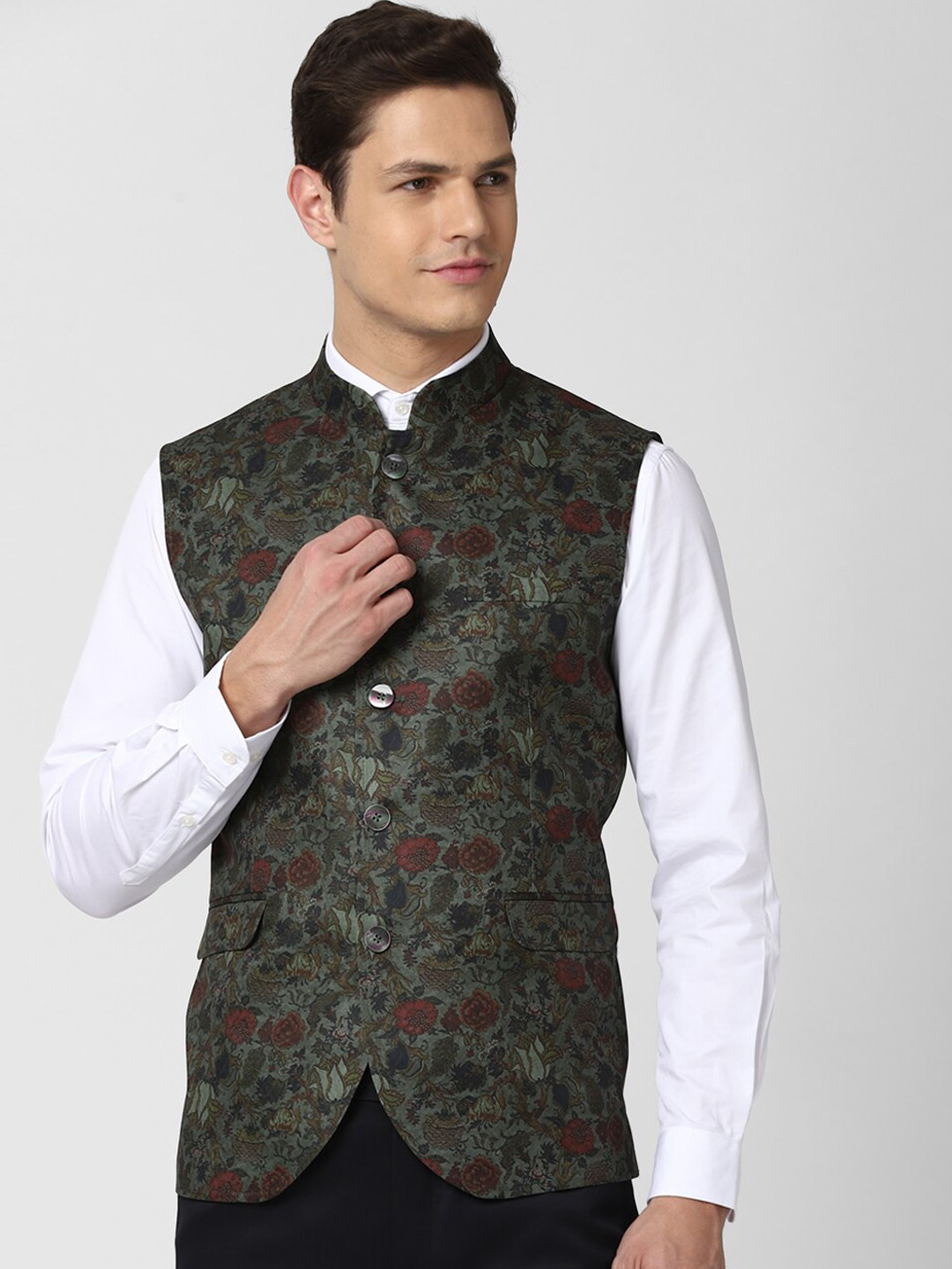 

Peter England Elite Men Grey & Red Printed Nehru Jacket