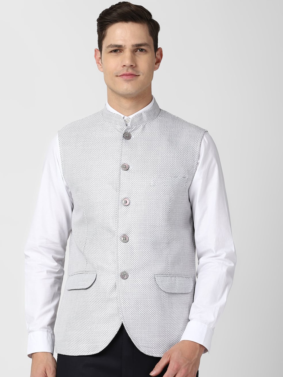 

Peter England Elite Men Grey Printed Nehru Jacket