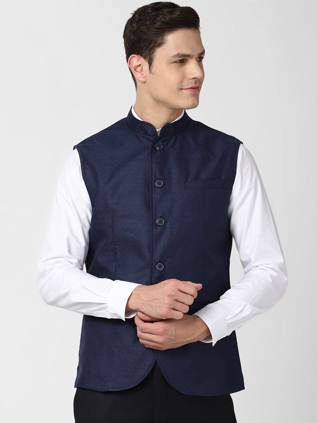 

Peter England Elite Men Navy Blue Printed Woven Nehru Jacket