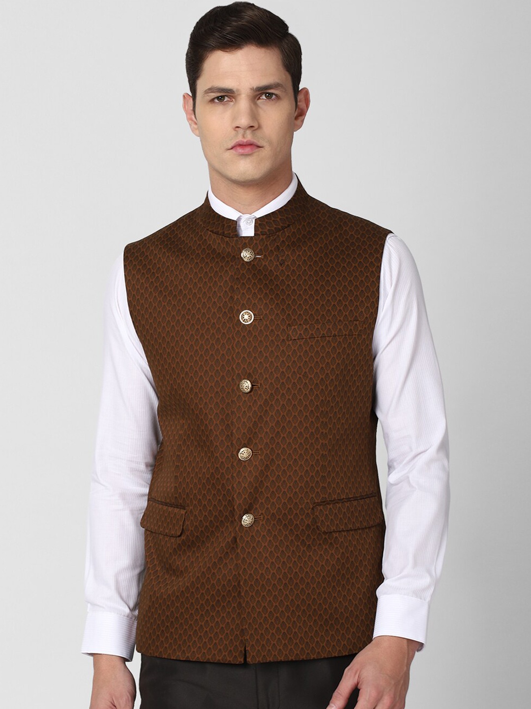 

V Dot Men Brown & Black Printed Pure Cotton Woven Nehru Jacket