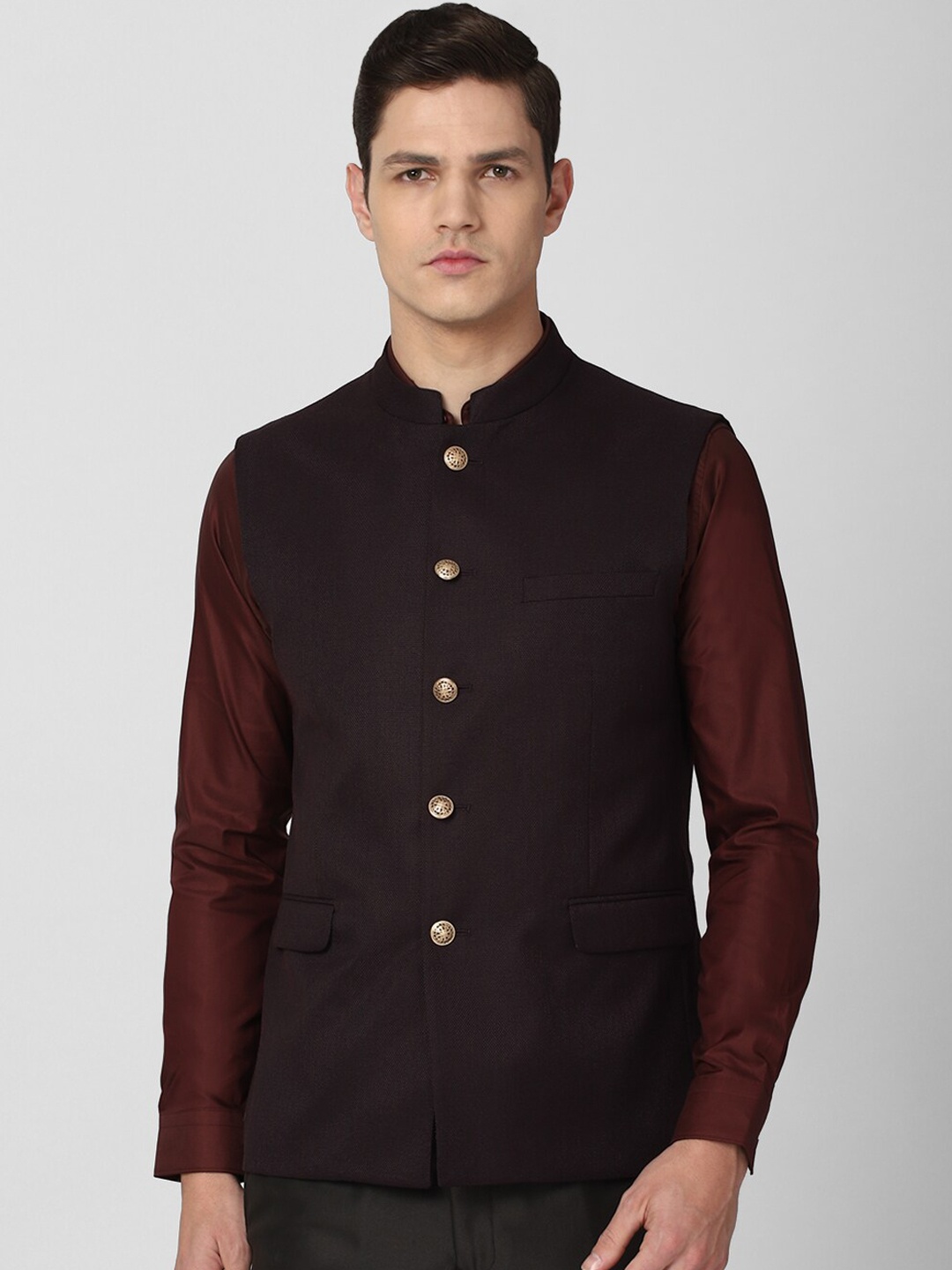 

V Dot Men Black Solid Woven-Design Nehru Jacket