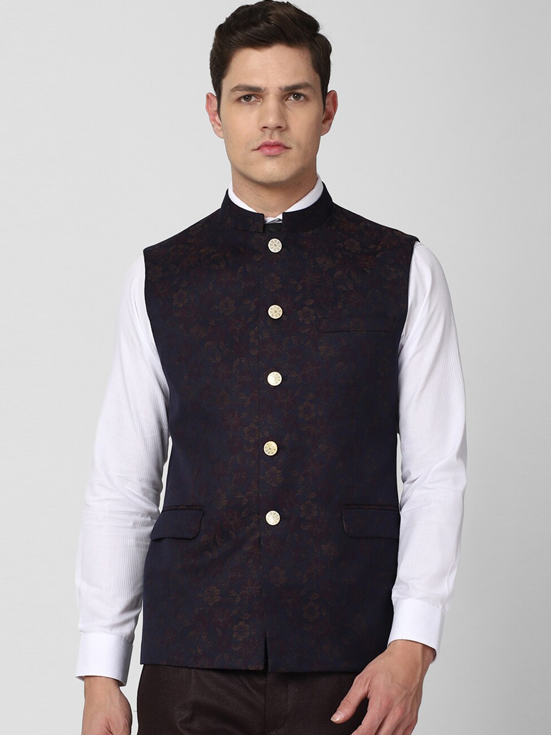 

V Dot Men Navy Blue & Brown Printed Woven Nehru Jacket