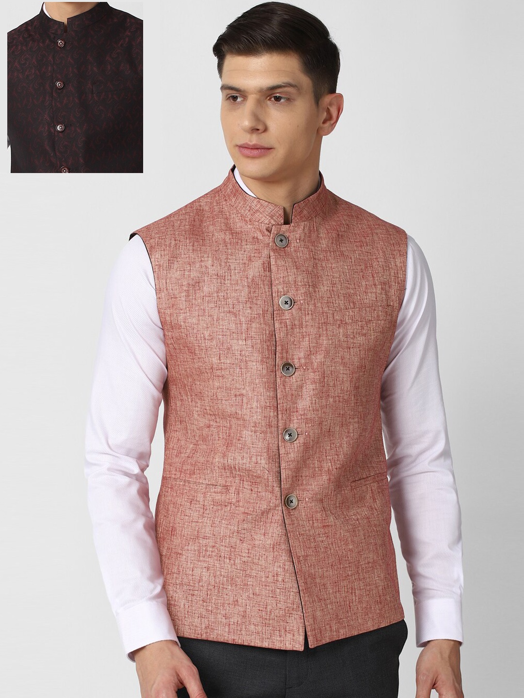

Van Heusen Brown Printed Reversible Nehru Jacket