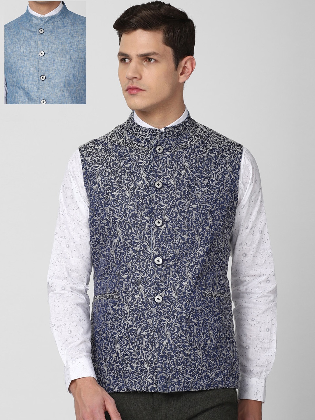 

Van Heusen Men Blue & Grey Reversible Nehru Jacket