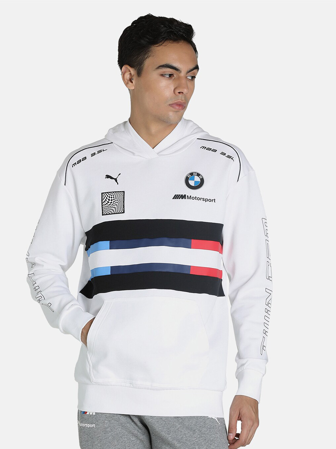 

PUMA Motorsport Men White Striped BMW Street Midlayer Hooded Motorsports Sweatshirt