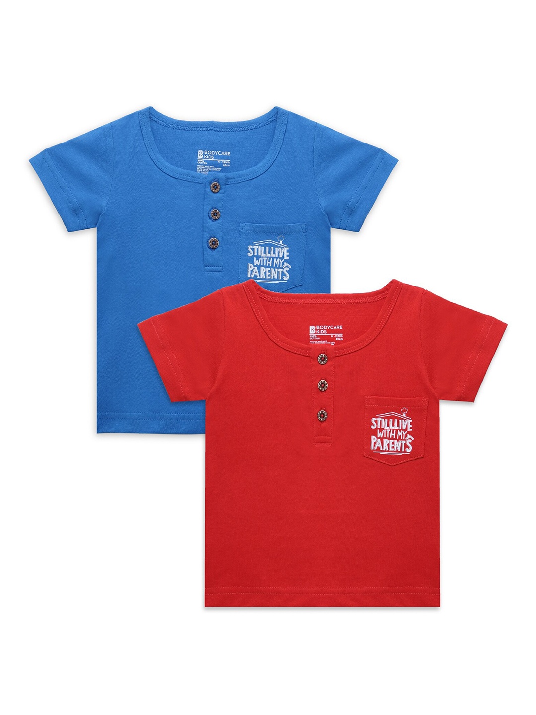 

Bodycare Kids Boys Red & Blue Typography Set Of 2 Henley Neck T-shirt