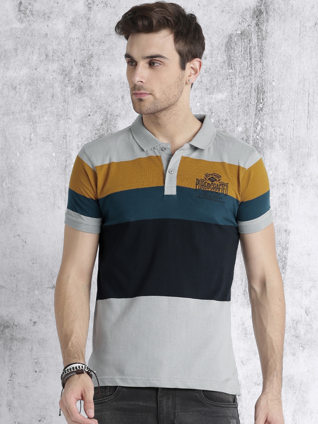 

Roadster Men Grey Blue Striped Polo Collar Pure Cotton T-shirt