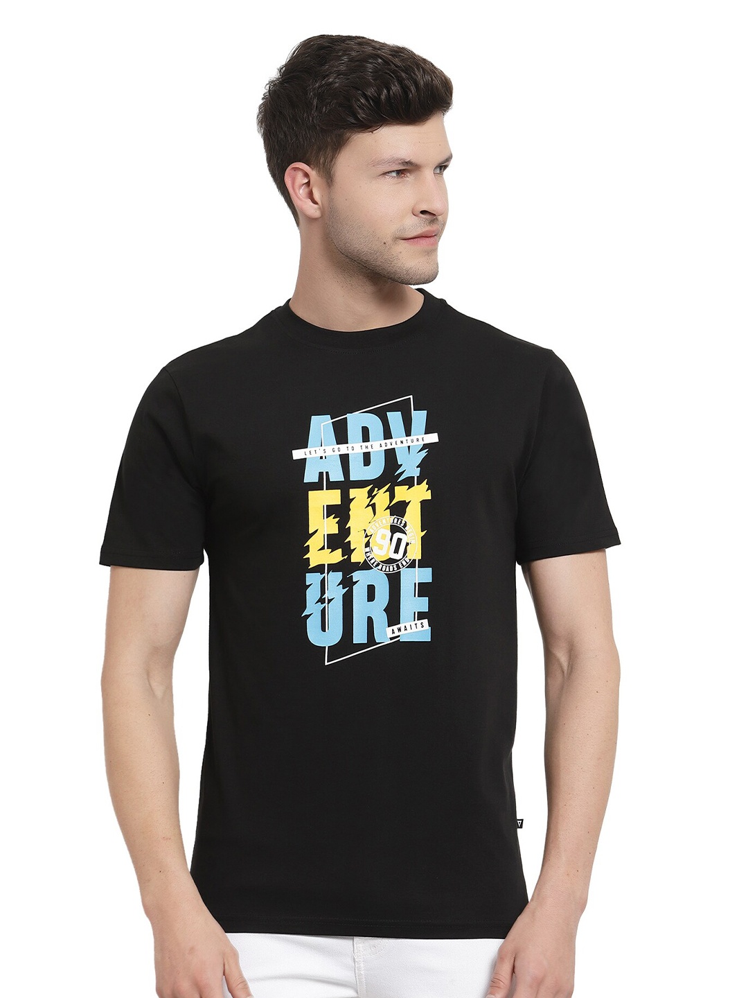 PROTEENS Men Black Typography Printed Applique T-shirt