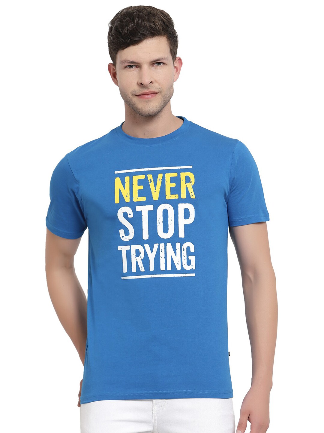 

PROTEENS Men Blue & White Typography Printed Cotton T-shirt