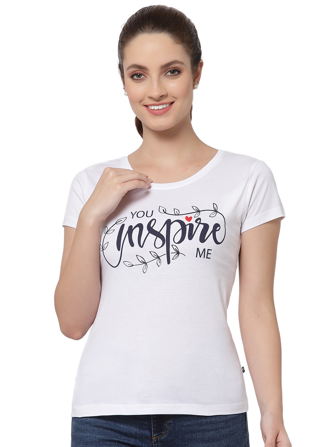 

PROTEENS Women White & Navy Blue Typography Printed Cotton T-shirt