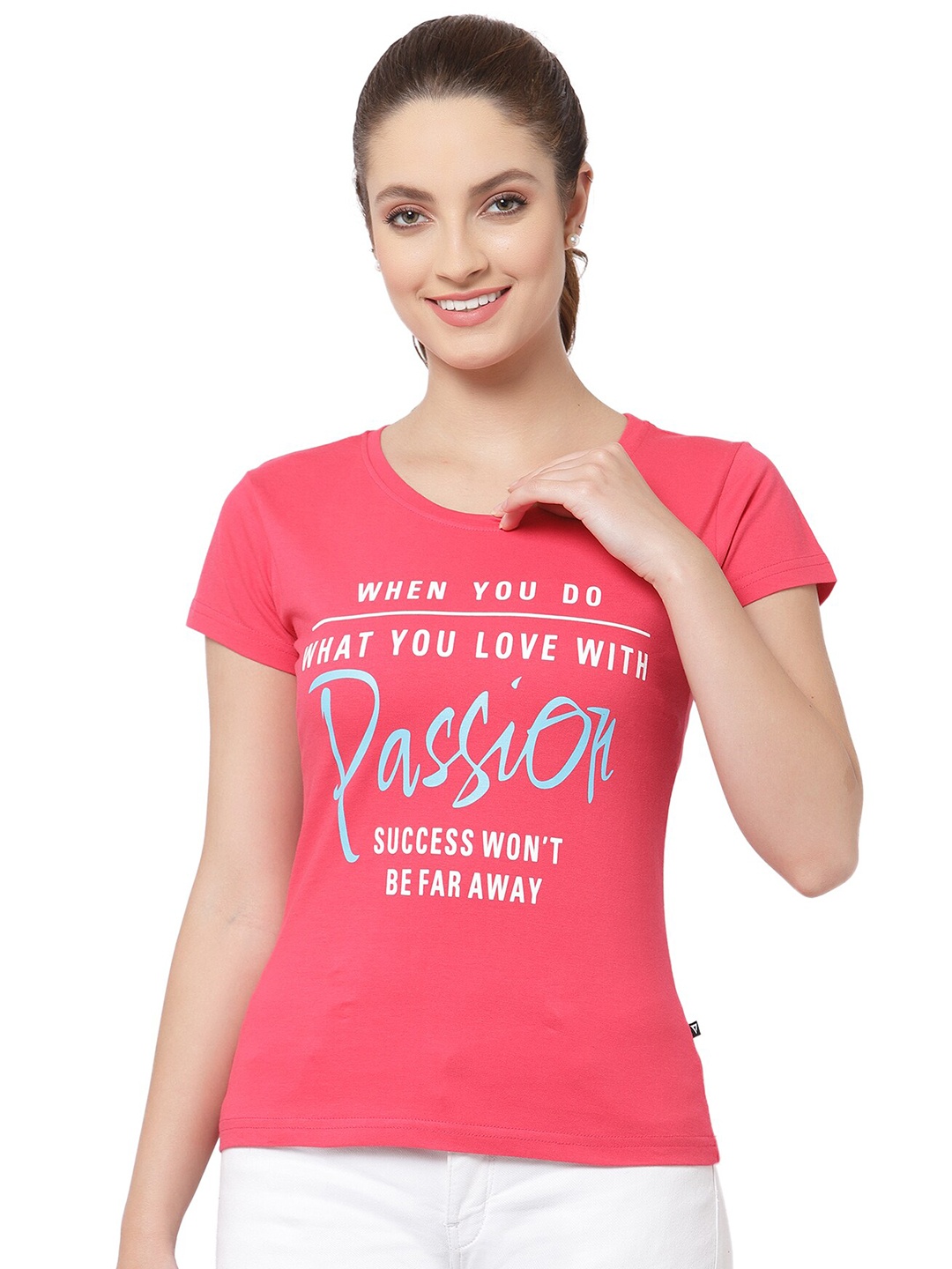 

PROTEENS Women Pink Typography Printed V-Neck Cotton T-shirt
