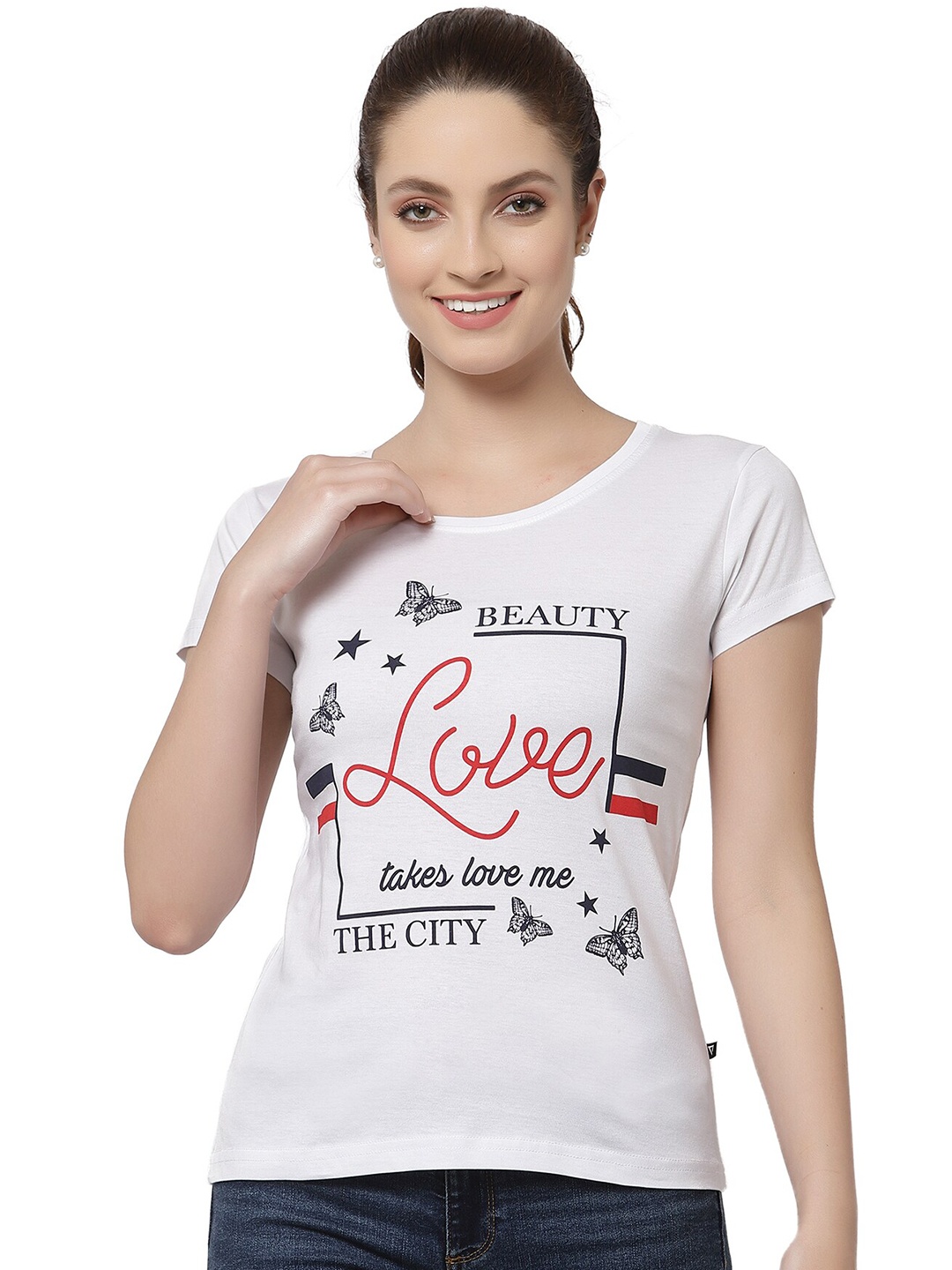 

PROTEENS Women White & Red Typography Printed Cotton T-shirt