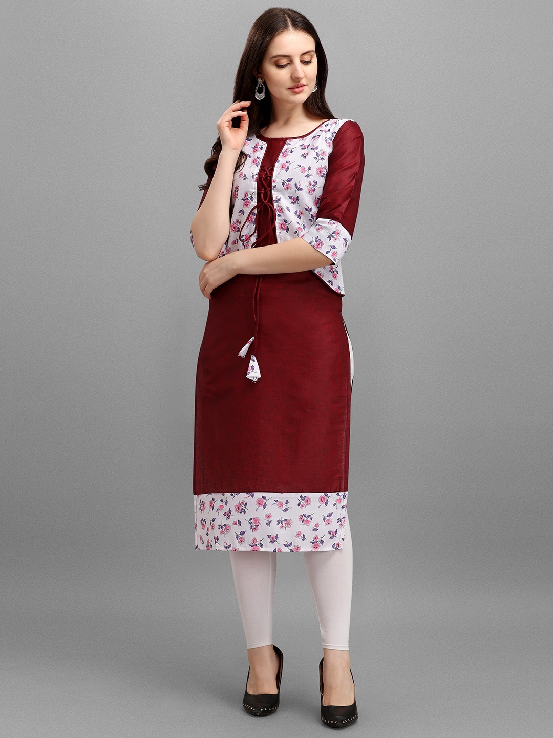 

Wedani Women Maroon & White Floral Printed Bell Sleeves Straight Kurta