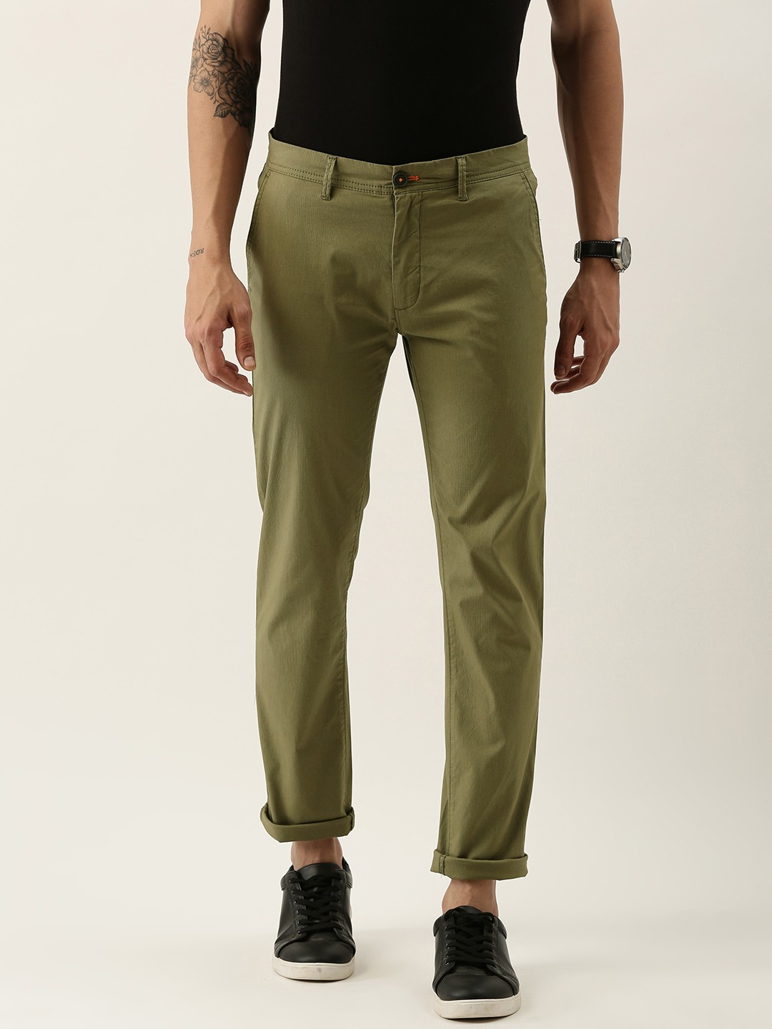 

Peter England Casuals Men Olive Green Solid Slim Fit Trousers