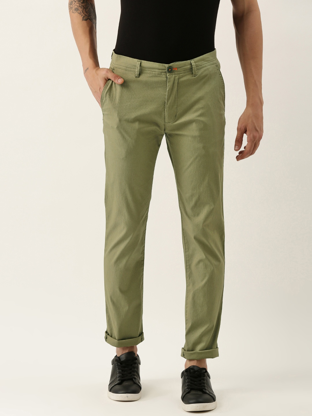

Peter England Casuals Men Olive Green Solid Slim Fit Trousers