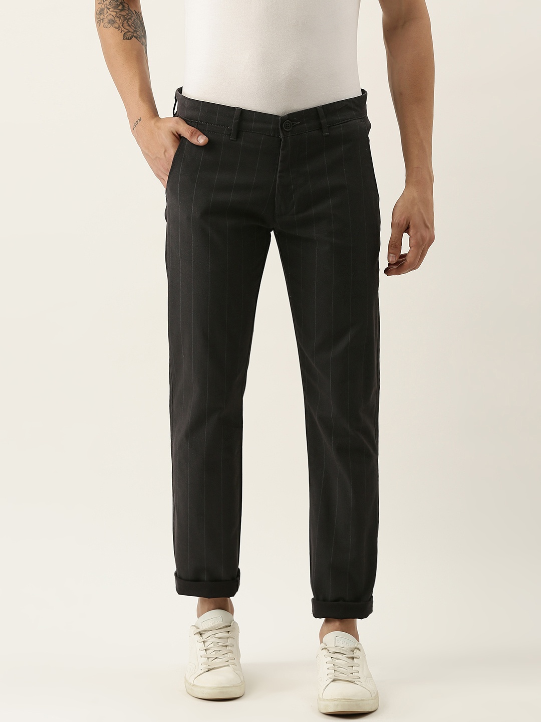 

Peter England Casuals Men Black Striped Super Slim Fit Trousers