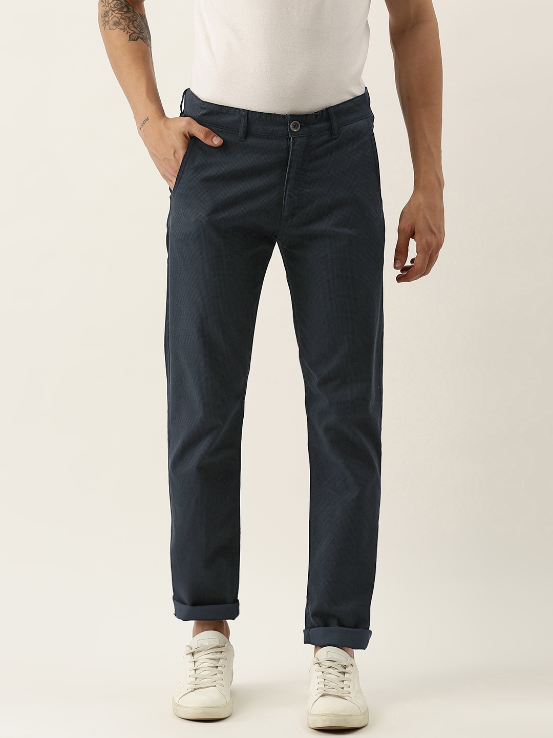 

Peter England Casuals Men Navy Blue Printed Super Slim Fit Trousers