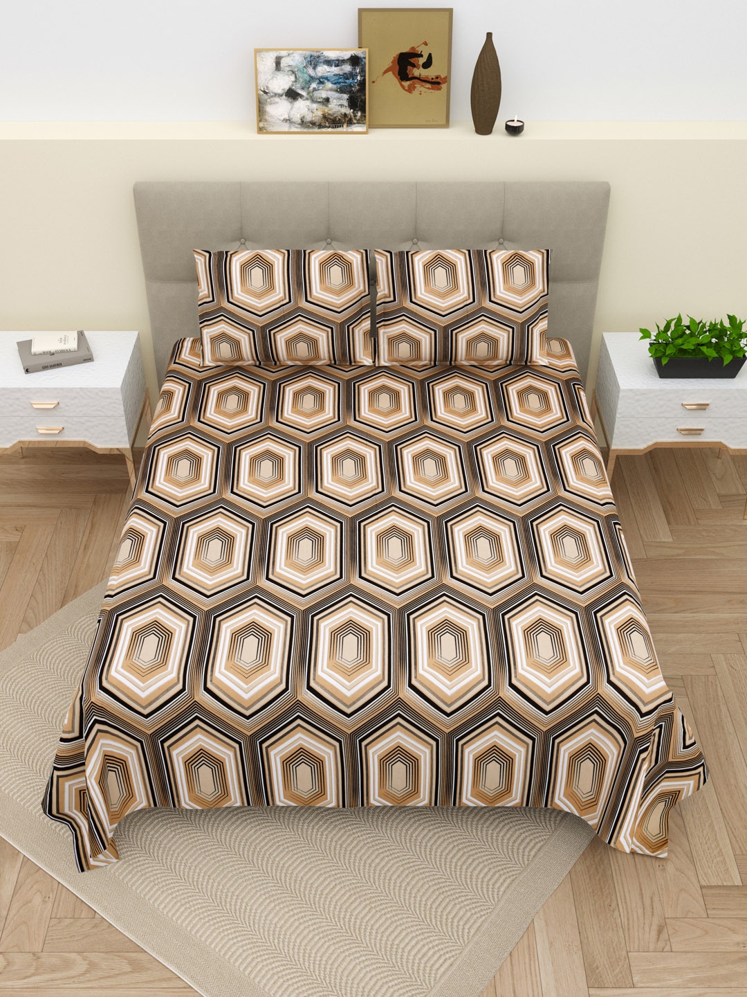 

DREAM WEAVERZ Beige & Brown 220 TC Super King Pure Cotton Bedsheet with 2 Pillow Covers