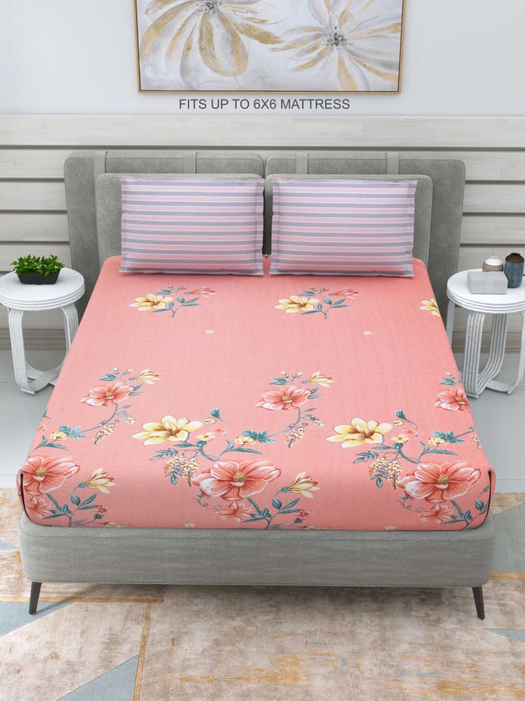 

DREAM WEAVERZ Peach-Colour & Yellow Floral Glazed Cotton 220 TC Double Bedsheet Set