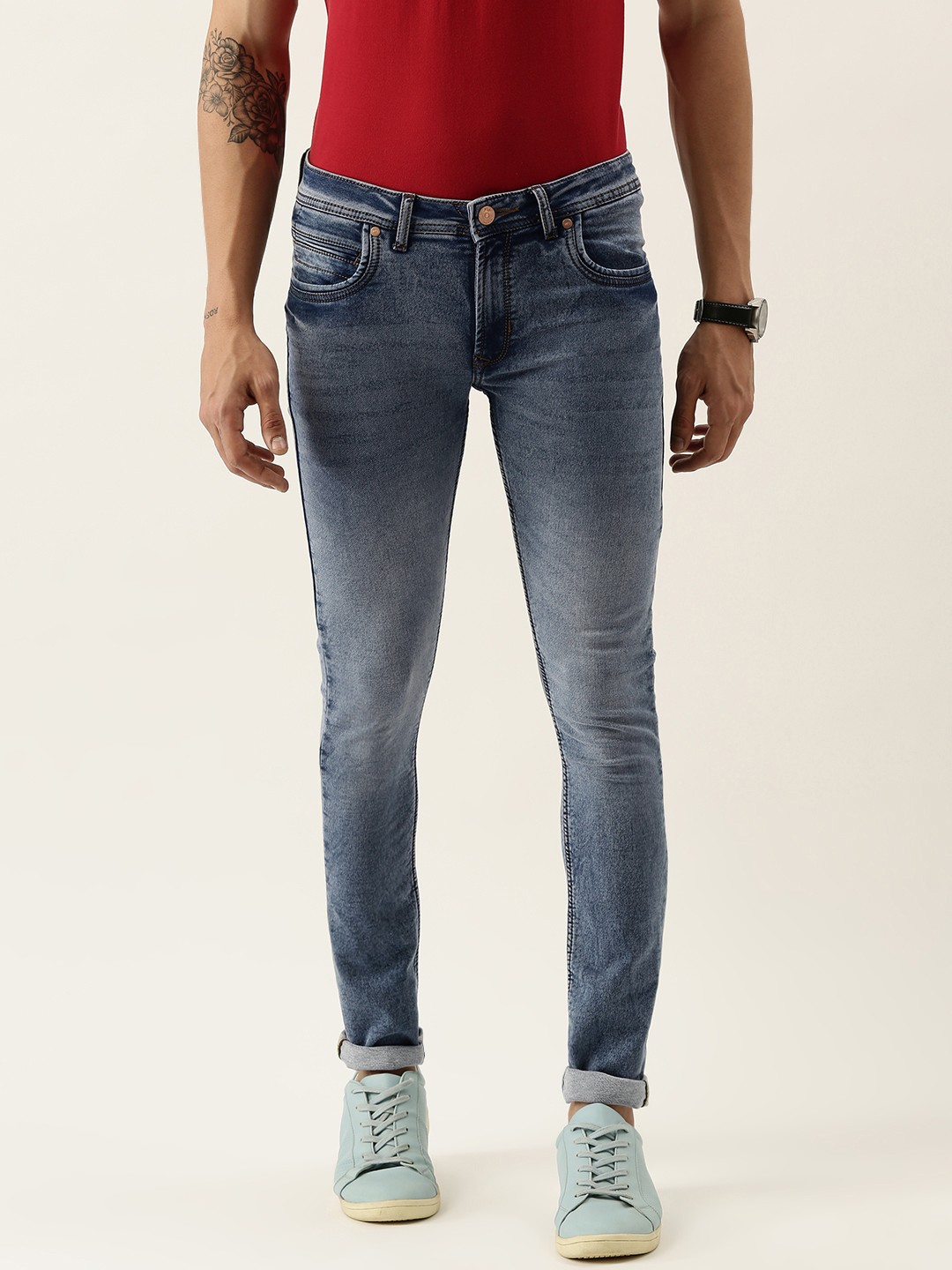 

Peter England Casuals Men Blue Skinny Fit Mid-Rise Clean Look Heavy Fade Stretchable Jeans