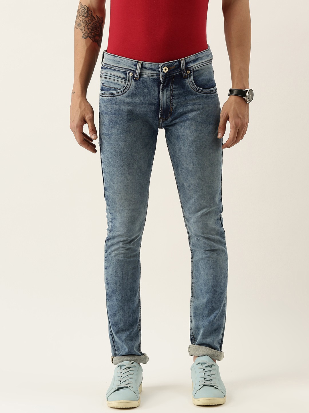 

Peter England Casuals Men Blue Skinny Fit Mid-Rise Clean Look Heavy Fade Stretchable Jeans