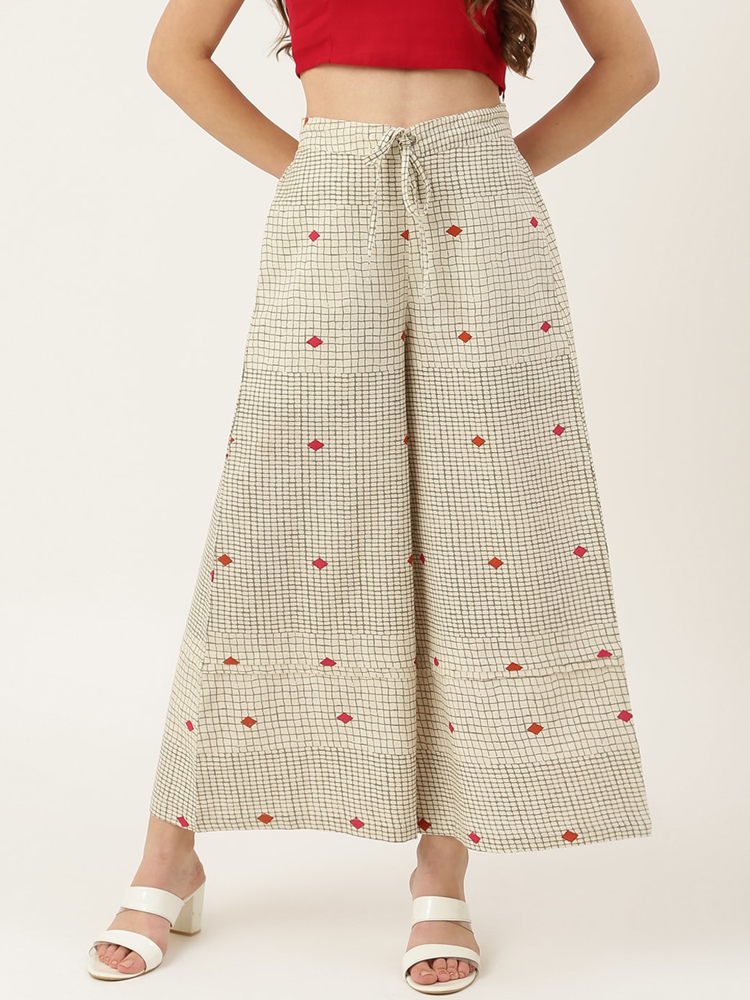 

DECKEDUP Women Off White & Red Checked Relaxed Fit Trousers