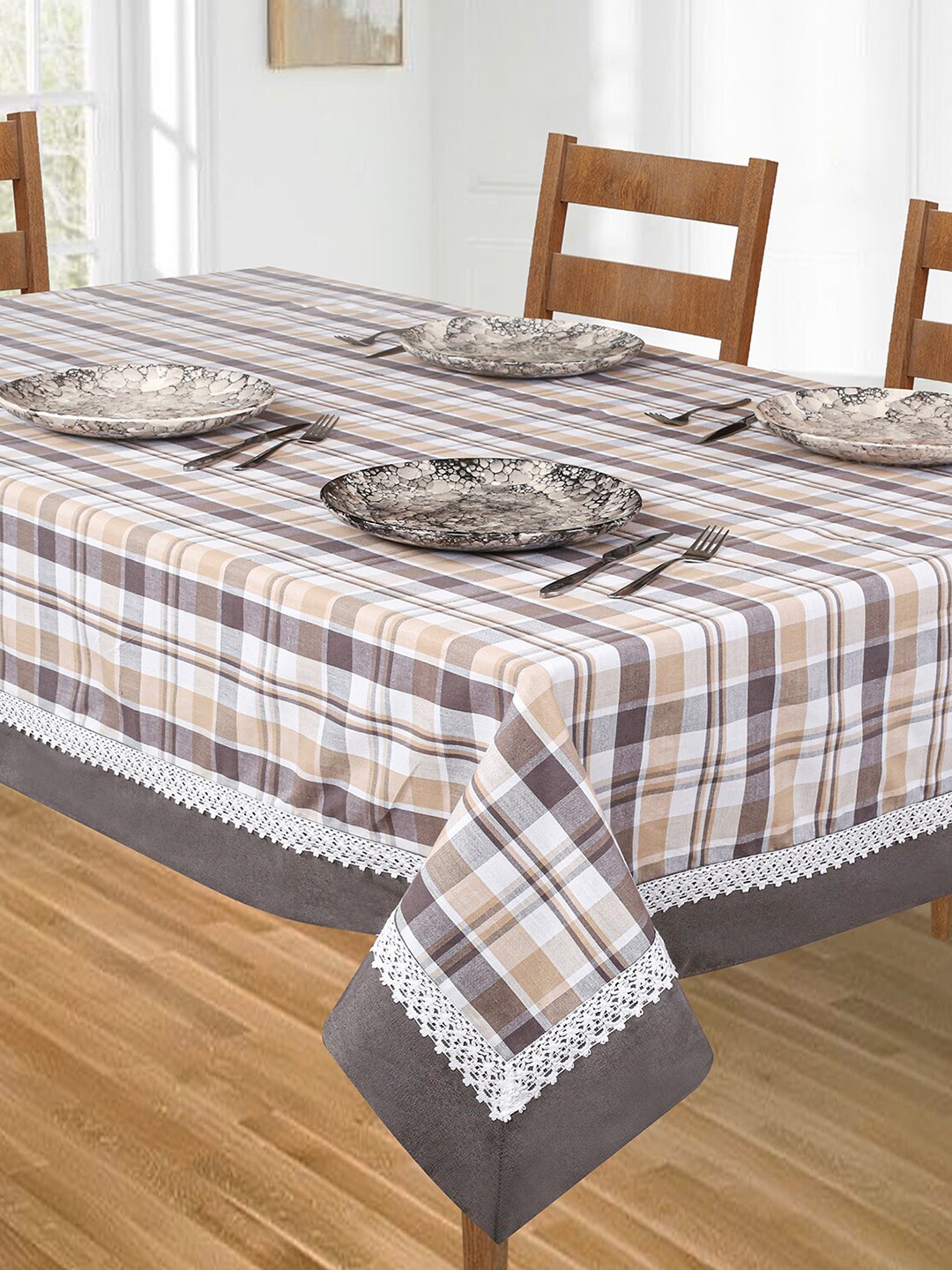 

SHADES of LIFE Grey & White 6-Seater Checked Table Cover