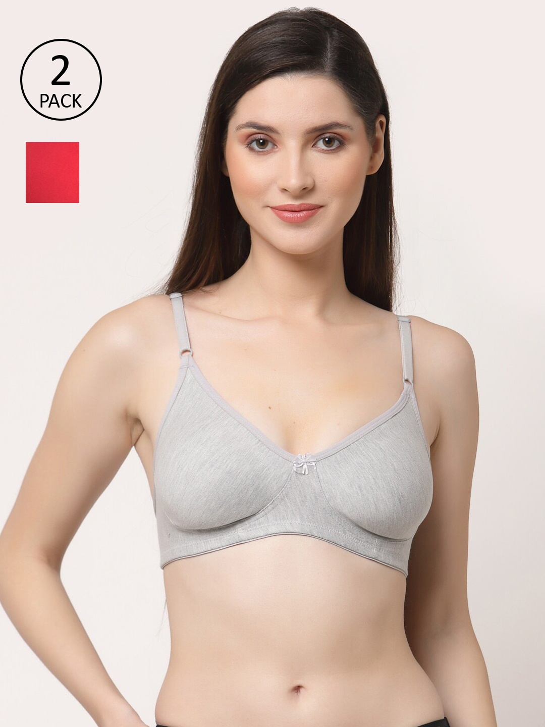 

Floret Set Of 2 Grey Melange & Red Non Padded & Non Wired Solid Bra