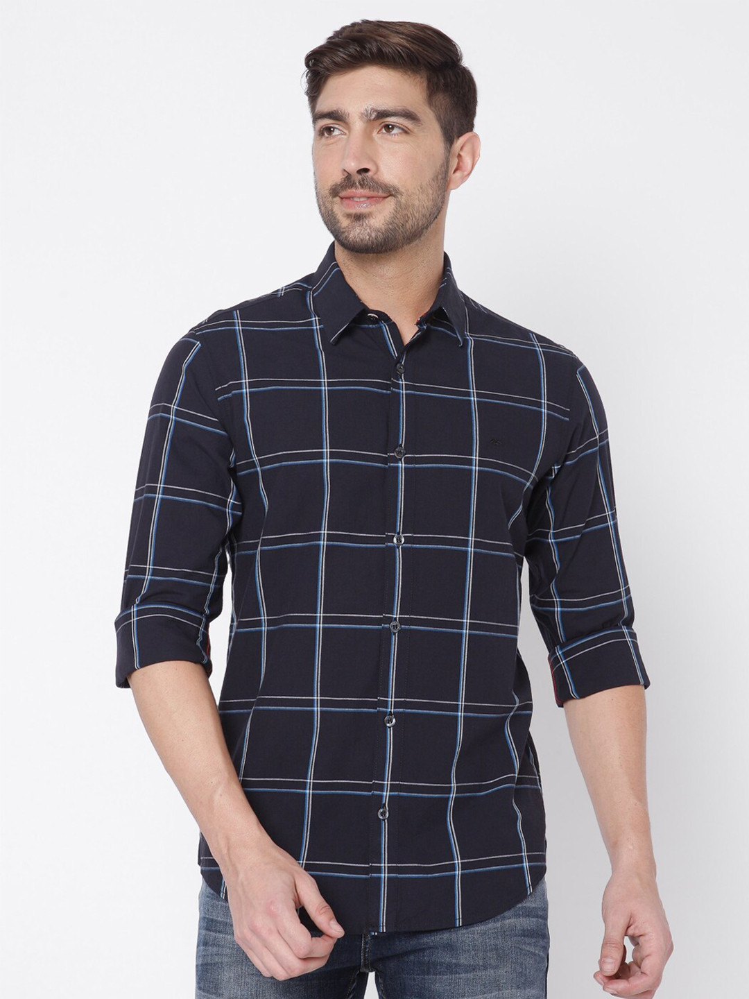 

Mufti Men Black Slim Fit Windowpane Checks Checked Cotton Casual Shirt