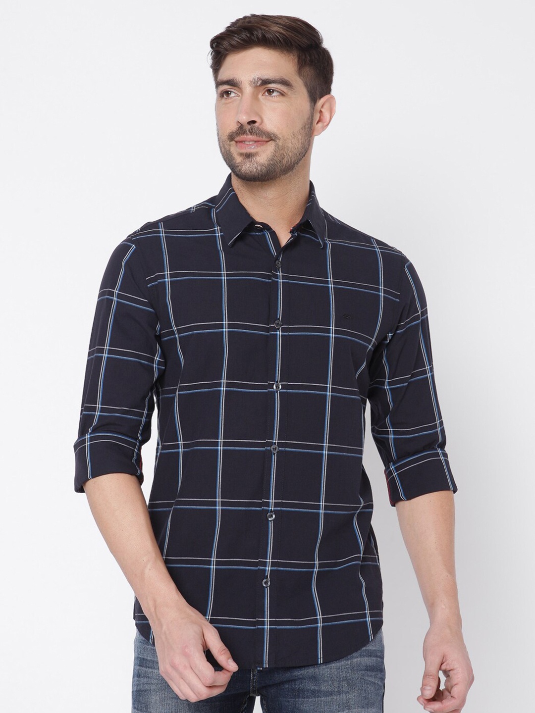 

Mufti Men Black Slim Fit Windowpane Checks Checked Pure Cotton Casual Shirt