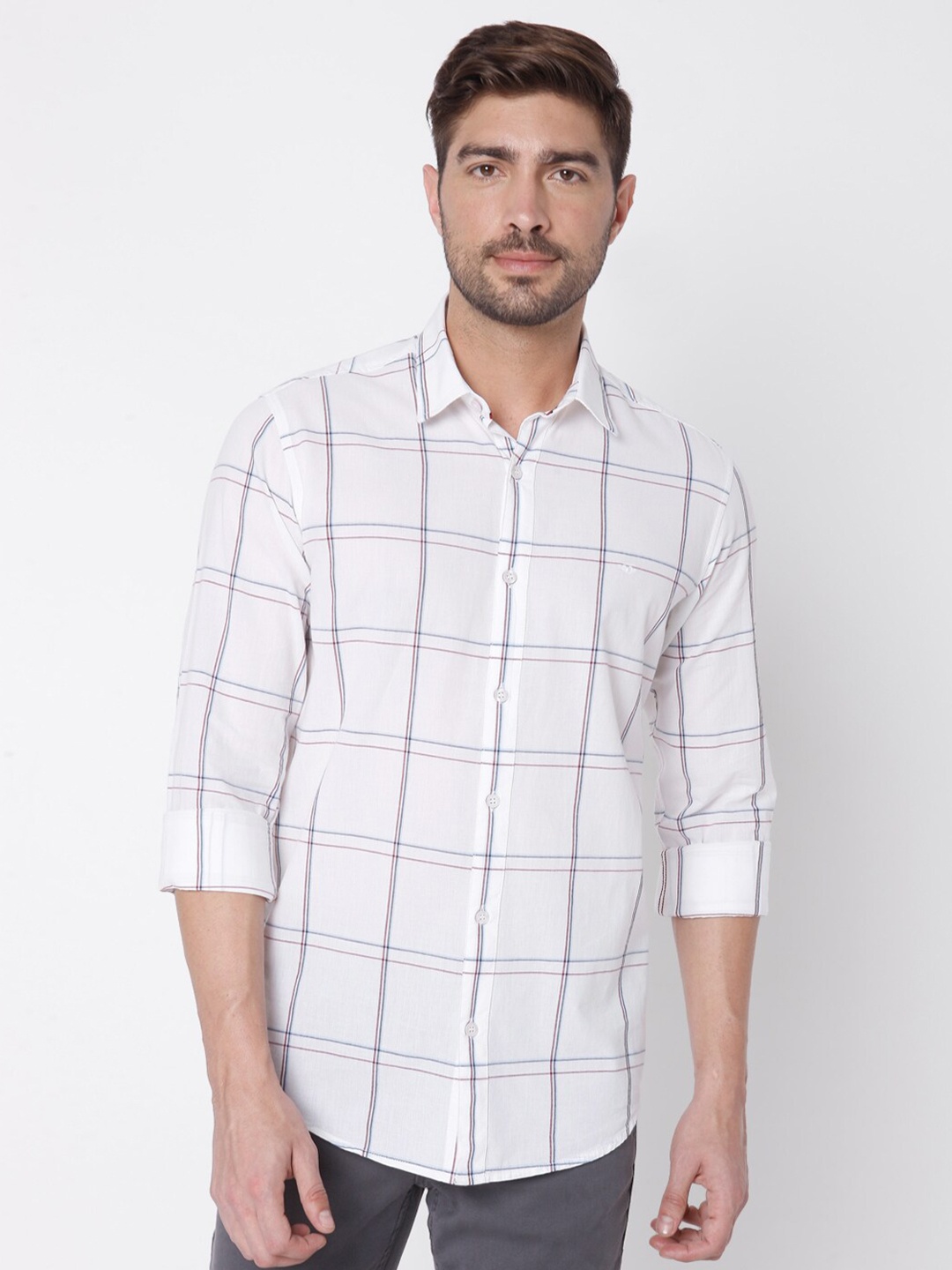 

Mufti Men White Slim Fit Windowpane Checked Casual Cotton Shirt