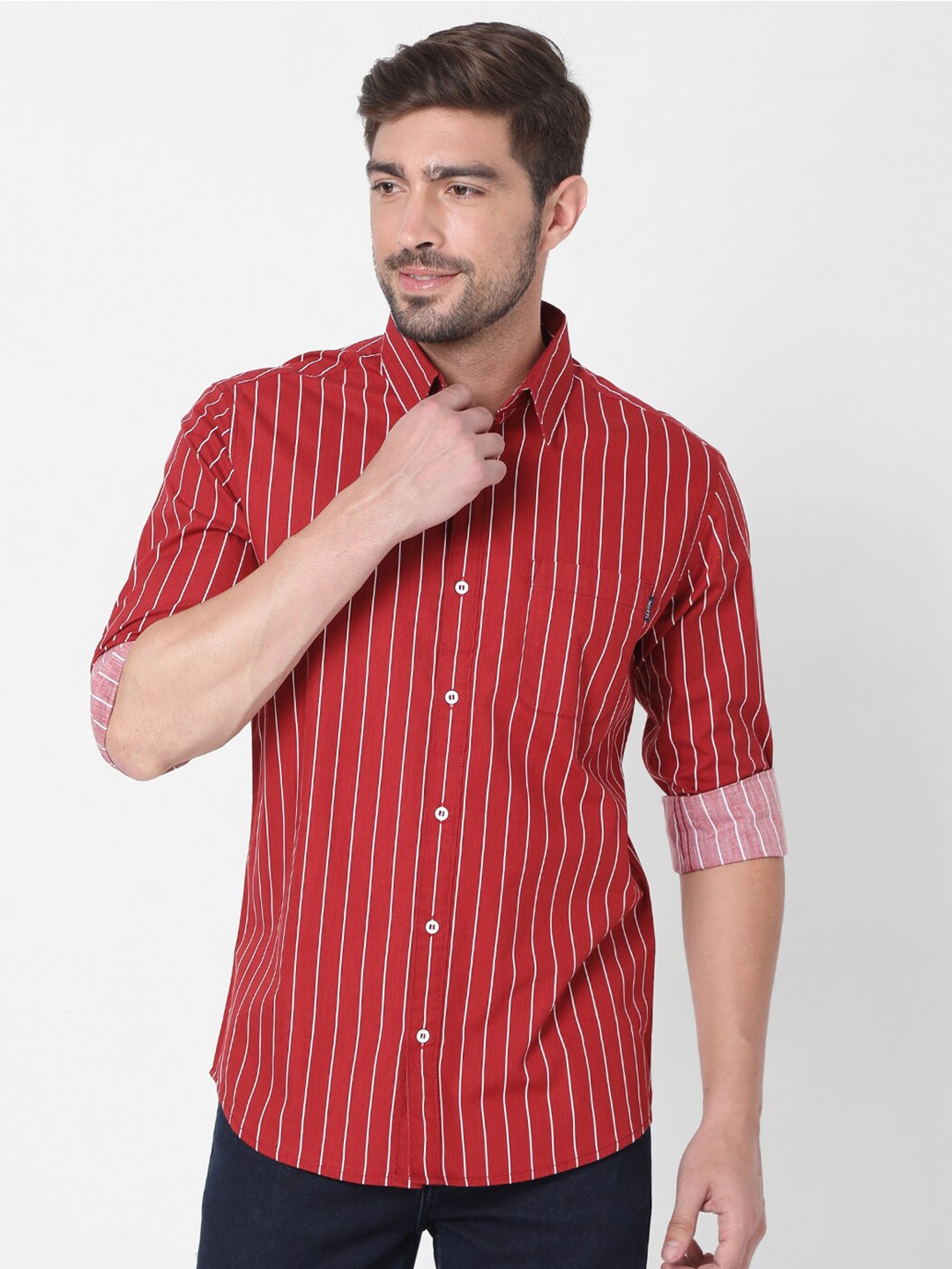 

Mufti Men Red Slim Fit Striped Cotton Casual Shirt
