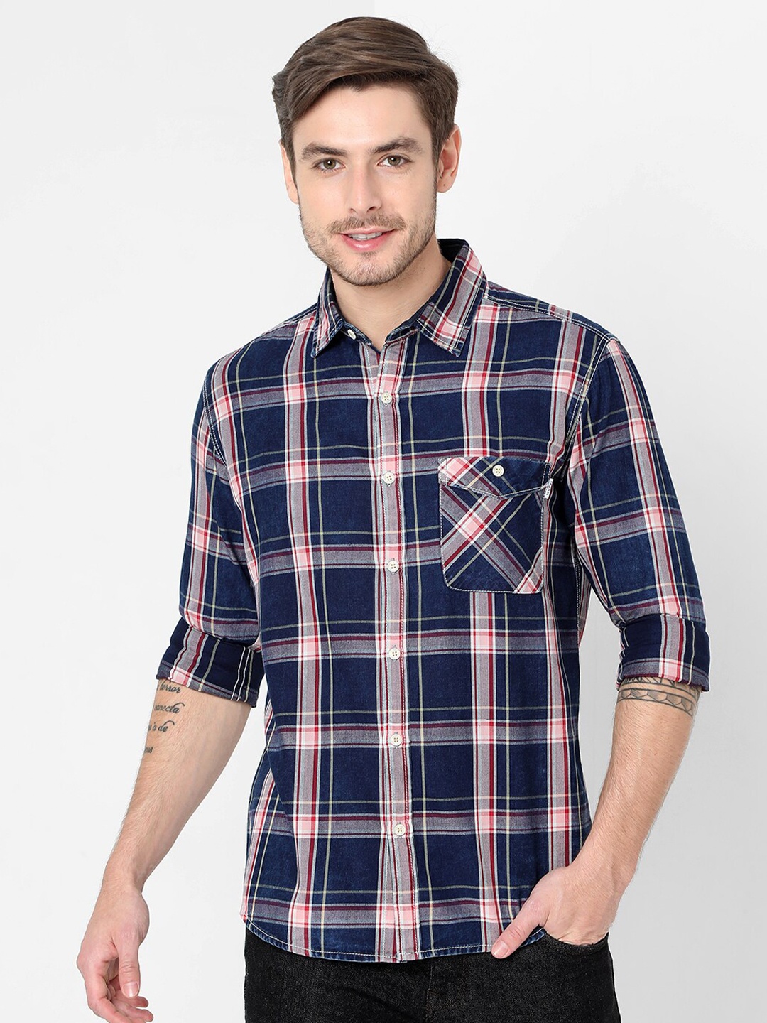 

Mufti Men Navy Blue Slim Fit Tartan Checks Checked Cotton Casual Shirt