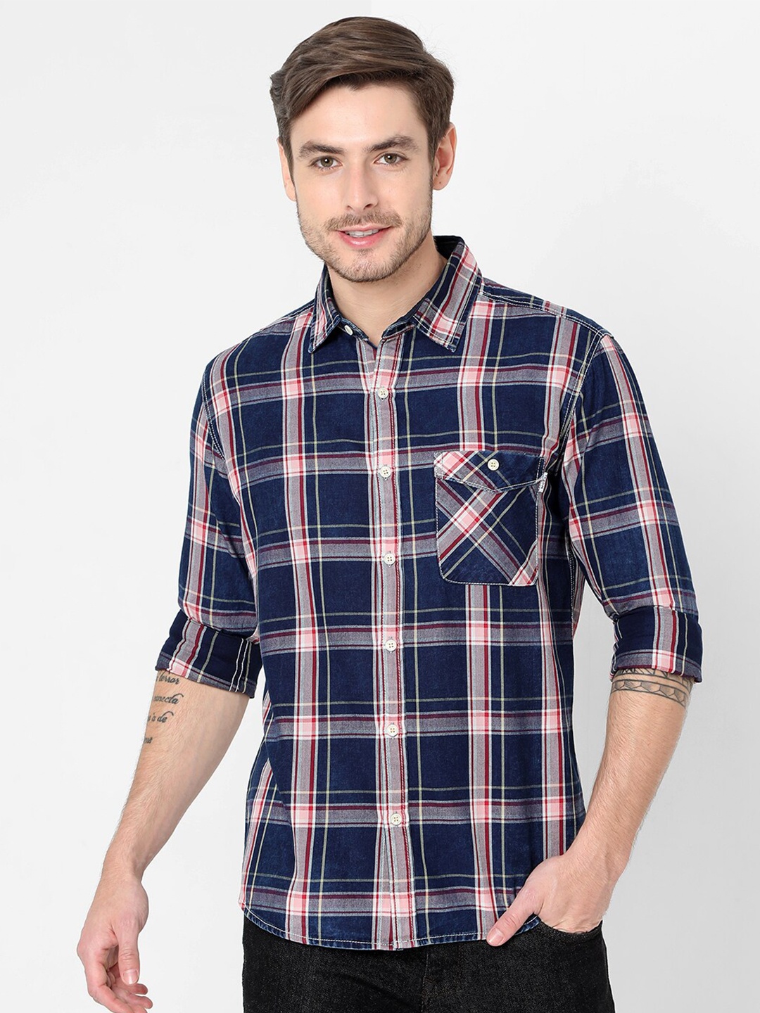 

Mufti Men Navy Blue Slim Fit Tartan Checked Casual Cotton Shirt