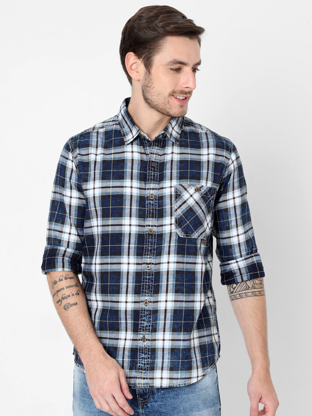 

Mufti Men Navy Blue Slim Fit Tartan Checked Cotton Casual Shirt