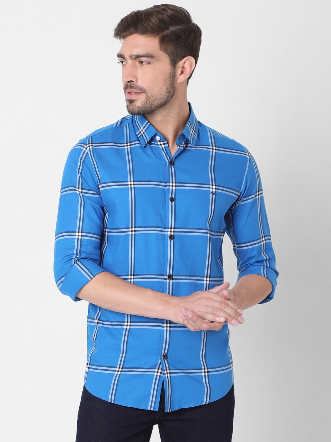 

Mufti Men Blue Slim Fit Windowpane Checks Checked Cotton Casual Shirt