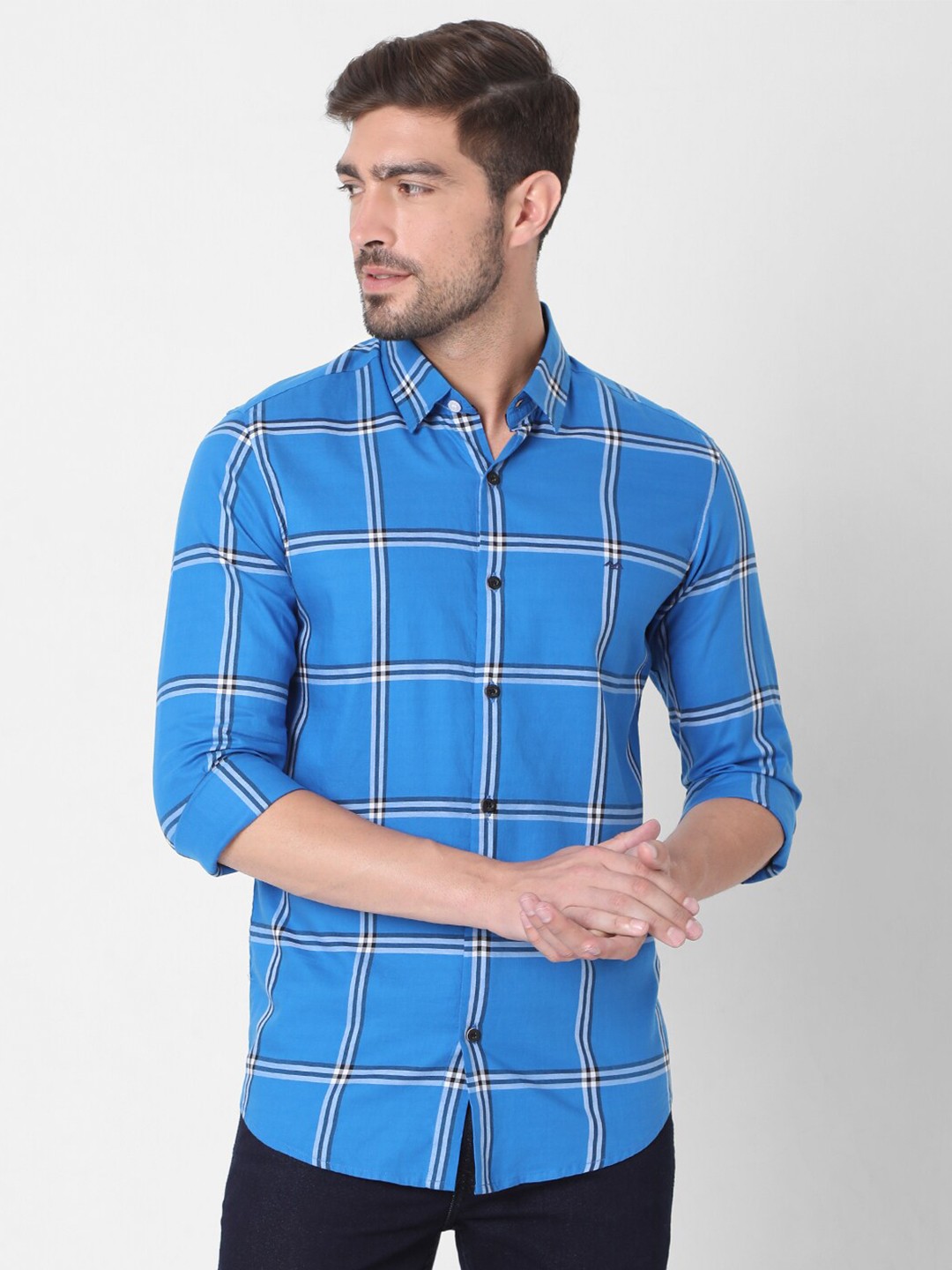 

Mufti Men Blue Slim Fit Windowpane Checks Checked Pure Cotton Casual Shirt