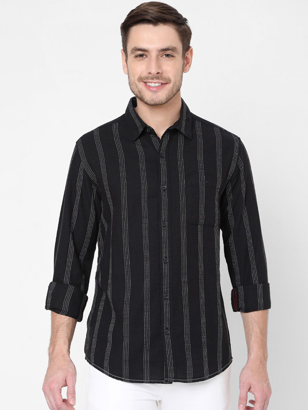 

Mufti Men Black Slim Fit Striped Casual Shirt