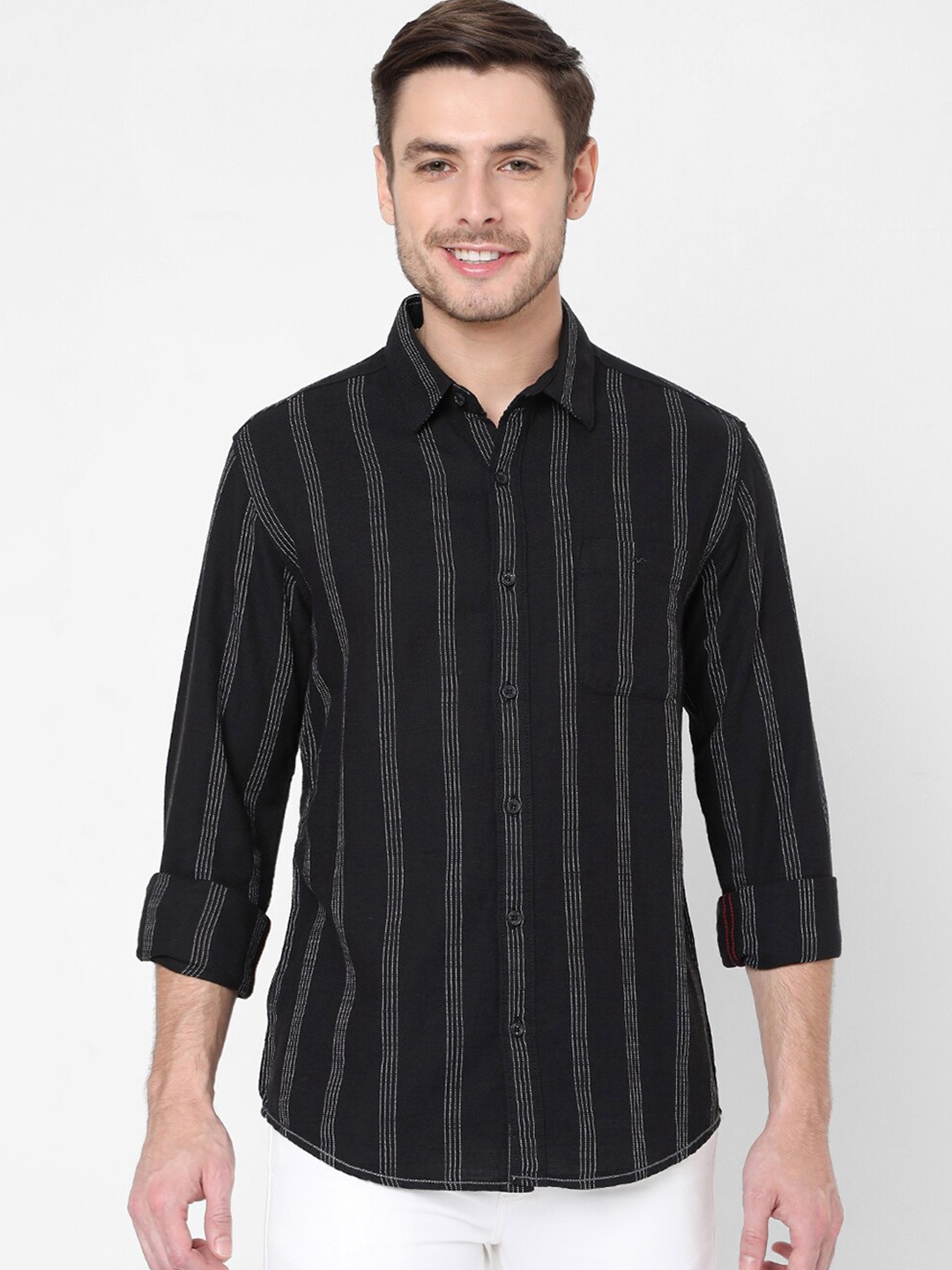 

Mufti Men Black Slim Fit Striped Casual Shirt
