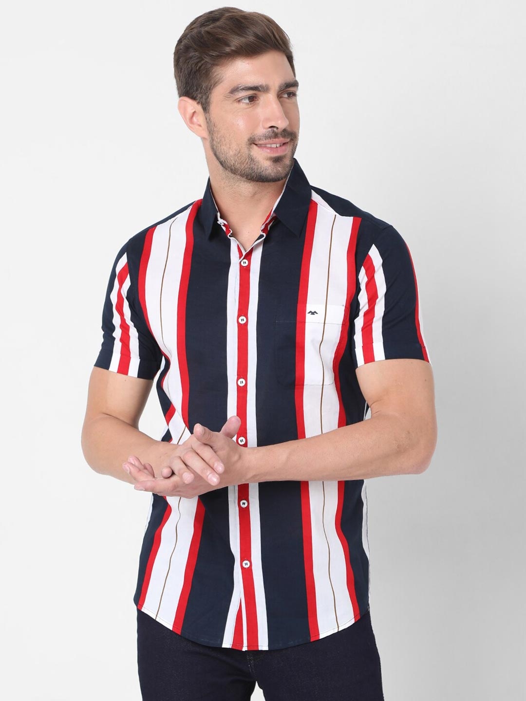 

Mufti Men Navy Blue Slim Fit Striped Cotton Casual Shirt