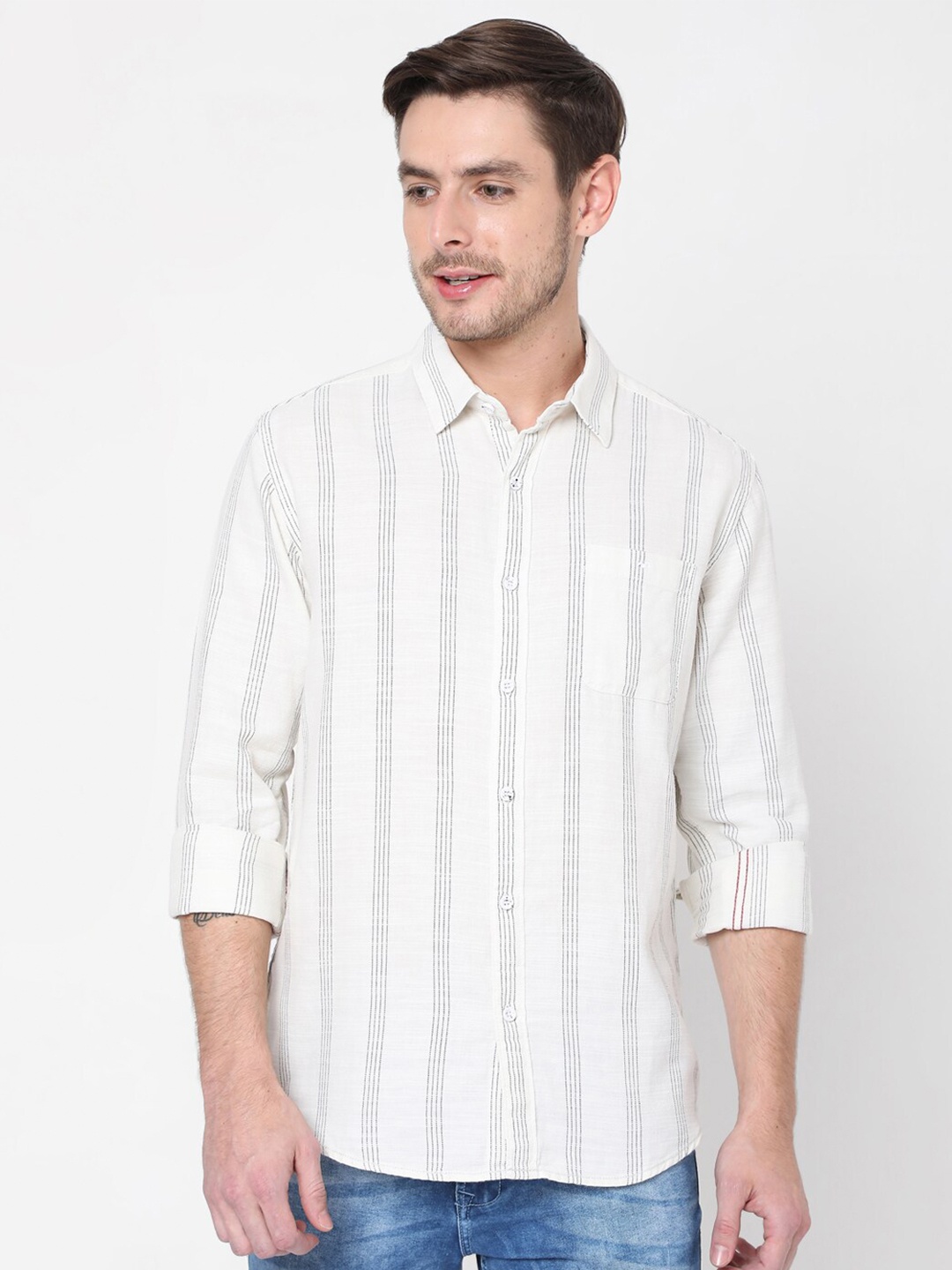 

Mufti Men Beige Slim Fit Striped Casual Shirt