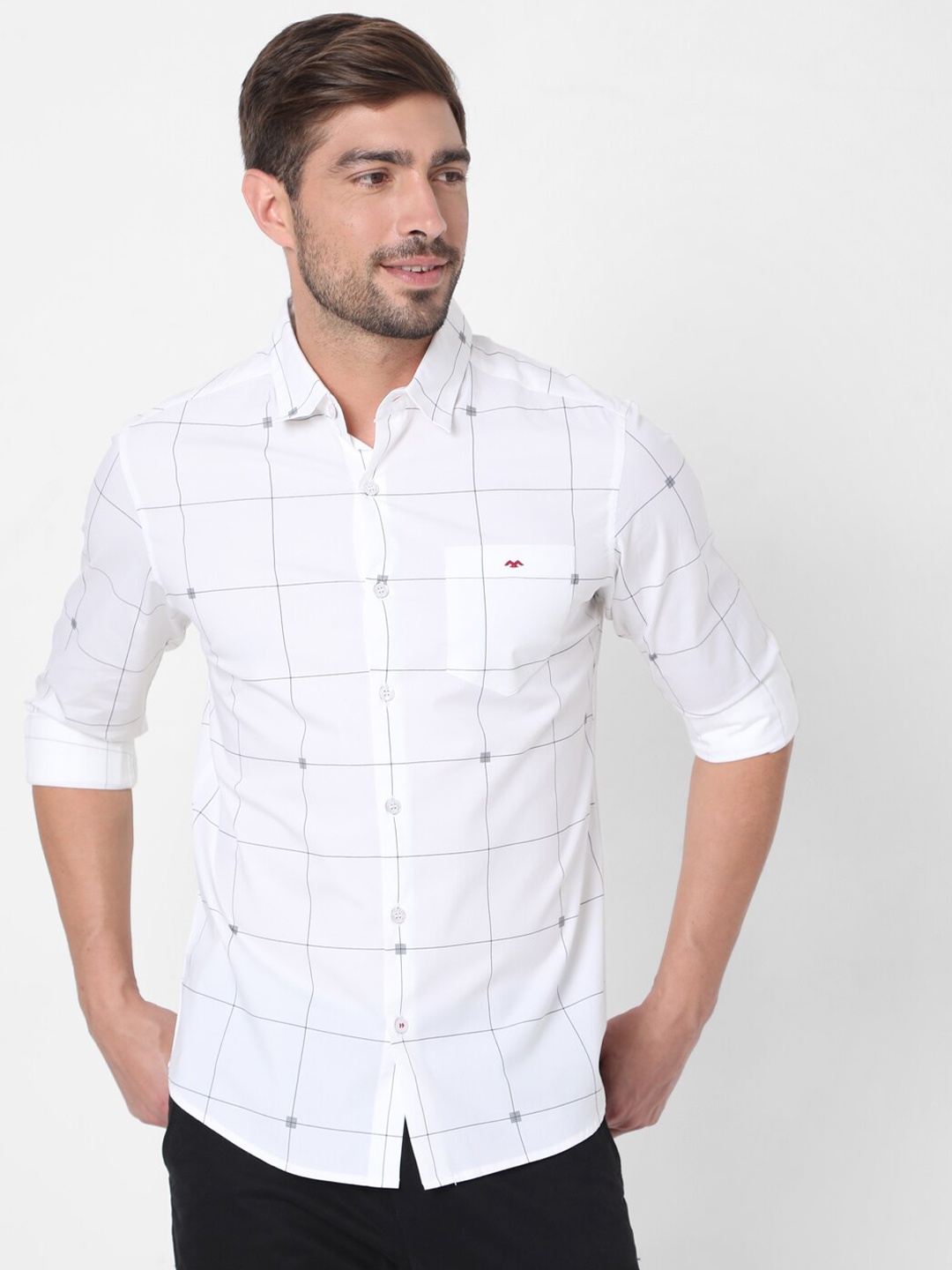 

Mufti Men White Slim Fit Windowpane Checked Casual Cotton Shirt