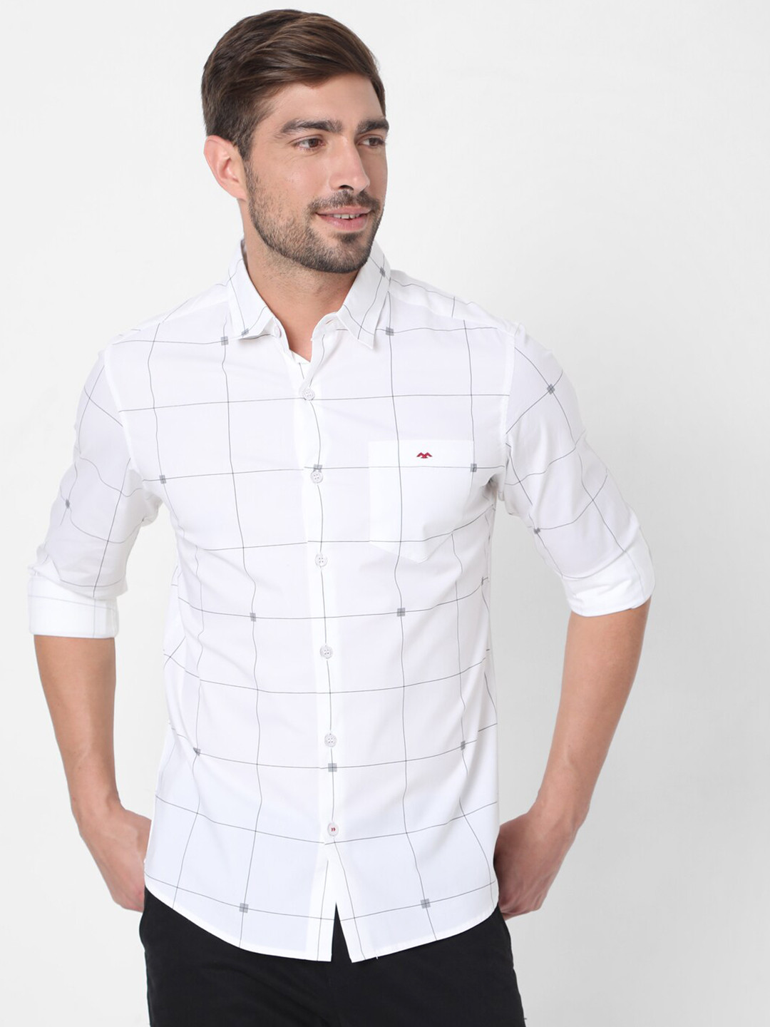 

Mufti Men White Slim Fit Windowpane Checks Checked Cotton Casual Shirt