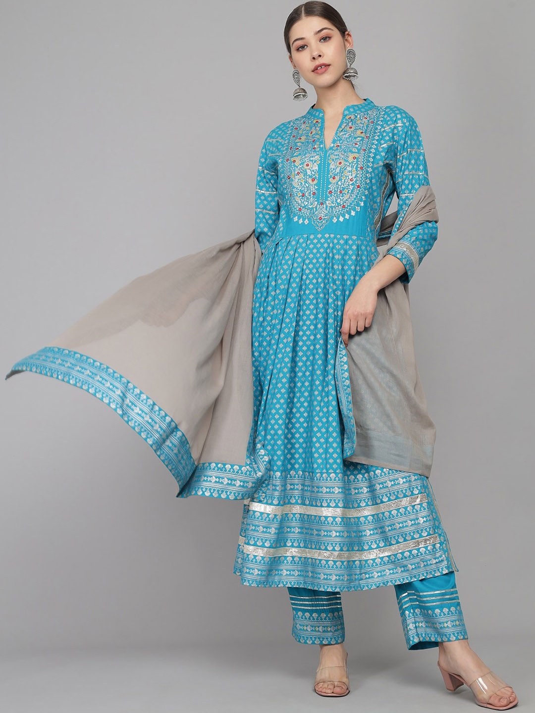 

Prakhya Women Blue Ethnic Motifs Yoke Design Tiered Kurta with Trousers & With Dupatta