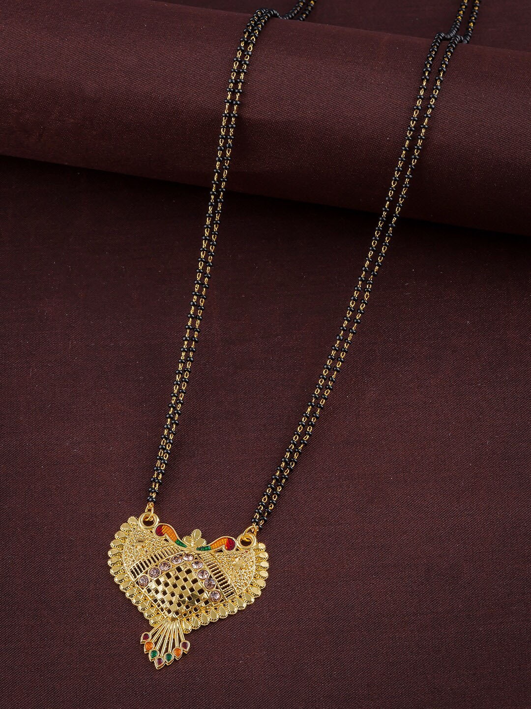 

Brandsoon Gold-Plated Pink Stone Studded & Black Beaded Mangalsutra